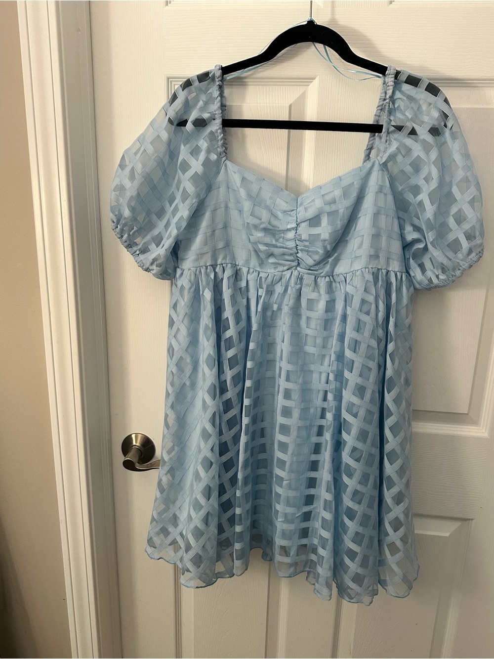 Light Blue Puff Sleeve Mini Dress with Lattice Pattern